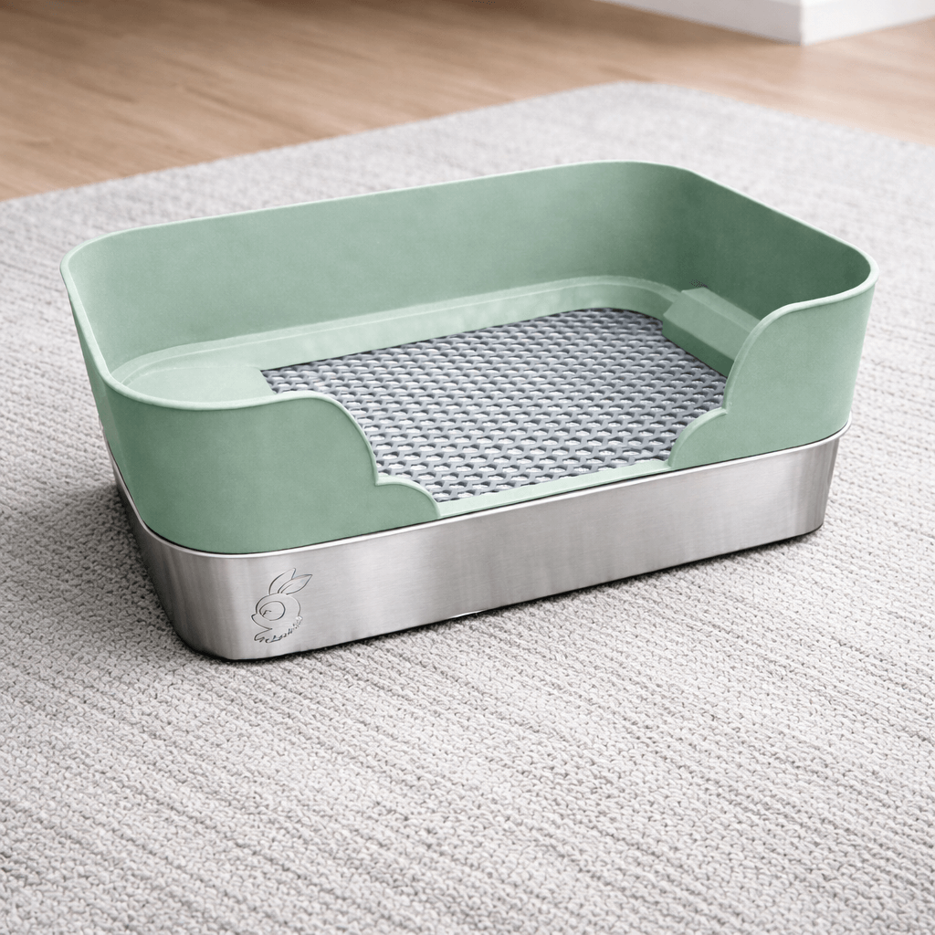 Lavieloo Rabbit Litterbox in sage green color with stainless steel base, designed for a cleaner pet setup.
