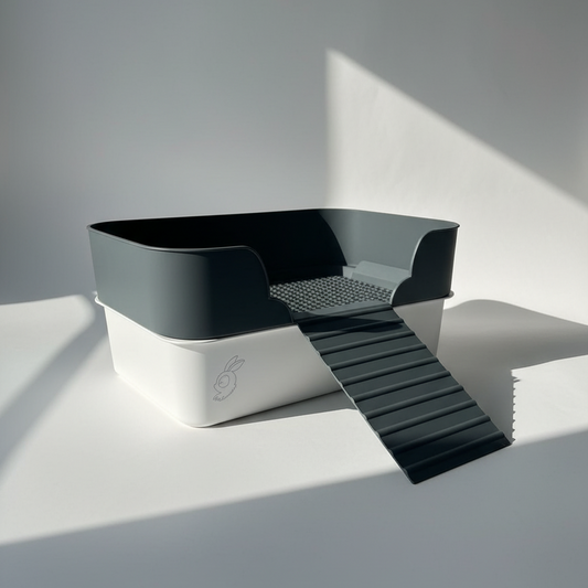 Rabbit Litterbox with ramp on a light gray background