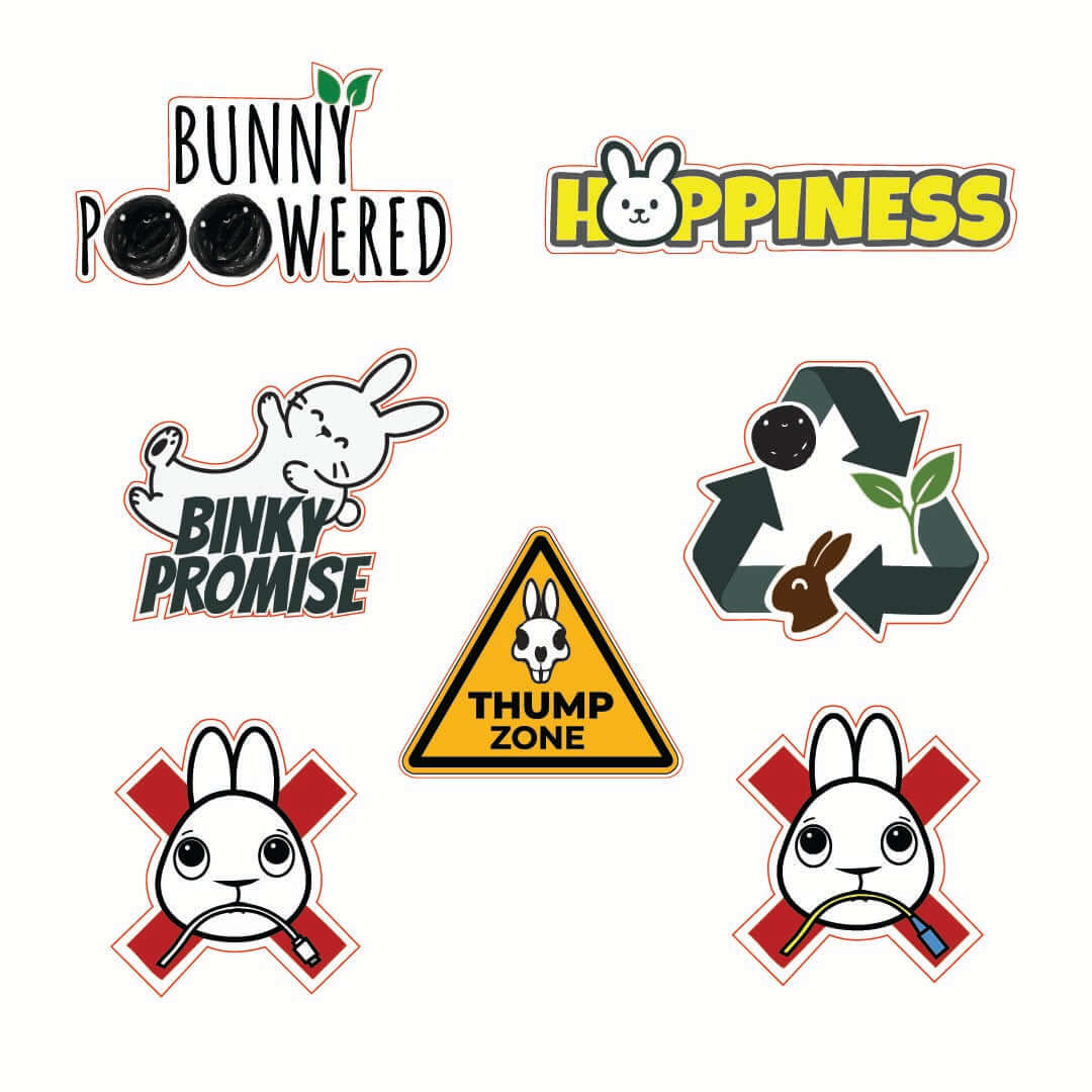 Set of cute bunny-themed stickers including 'Bunny Powered', 'Happiness', and 'Binky Promise' designs.